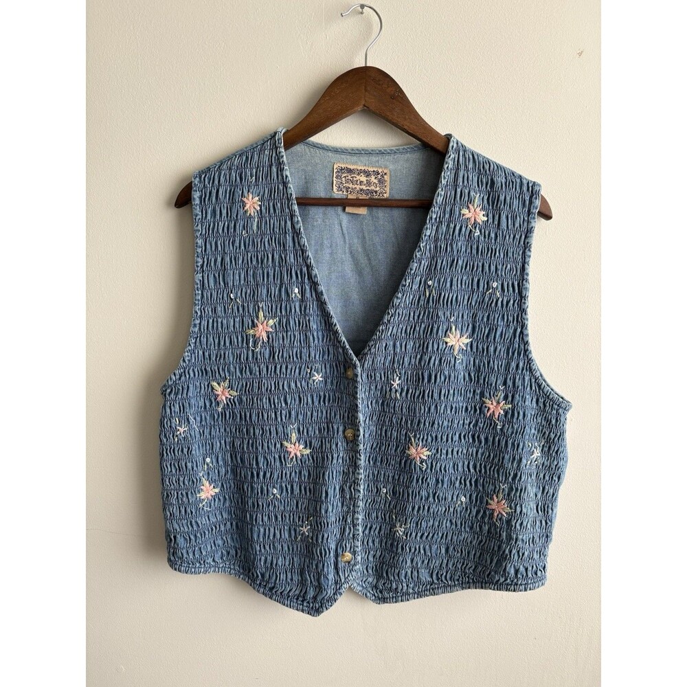 Vintage Tantrum Blues Denim Vest XL Smocked Embroidered Floral Boho Festival
